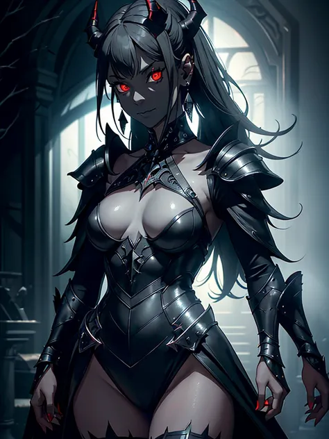 1girl, horror, (dark grey skin:1.5), true white long ponytail, ((perfect red eyes)), pointed ears, earrings, highly detailed mechanical horns, (small breasts), ((black gothic prom dress)), wearing black fur cloak, bone armor, skull armor, volumetric lighti...