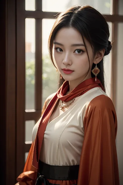 最high quality, masterpiece, High resolution, One girl, Chinese Hanfu,Chinese Architect Background, Red scarf, hair ornaments,necklace, jewelry,Beautiful Face,On top of that_body, Tyndall effect,Realistic, Dark studio, Rim Light, Two-tone lighting,(Skin wit...