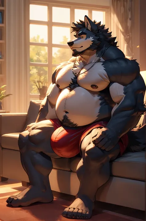 Middle-age Male wolf, tall, giant body, handsome, dad bod, beefy, strong arms and legs, wide shoulders, a bit chubby muscle gut, a bit of fat but still very muscular, black fur, extremely hair, (a lot of body hair), short hair, short beard, wearing a simpl...