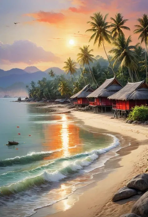 Picturesque village landscape set on the shore of a tranquil sea in Thailand. morning red sun Create a magical atmosphere Village of bamboo huts with thatched roofs Coconut trees sway gently, birds search for food, waves crash on the shore and fishing boat...