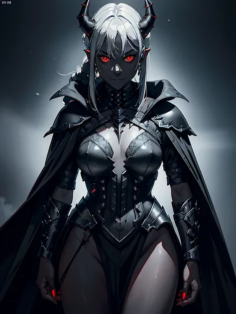 1girl, horror, (dark grey skin:1.5), true white long ponytail, ((perfect red eyes)), pointed ears, earrings, highly detailed mechanical horns, (small breasts), ((black gothic prom dress)), wearing black fur cloak, bone armor, skull armor, closed clothing, ...