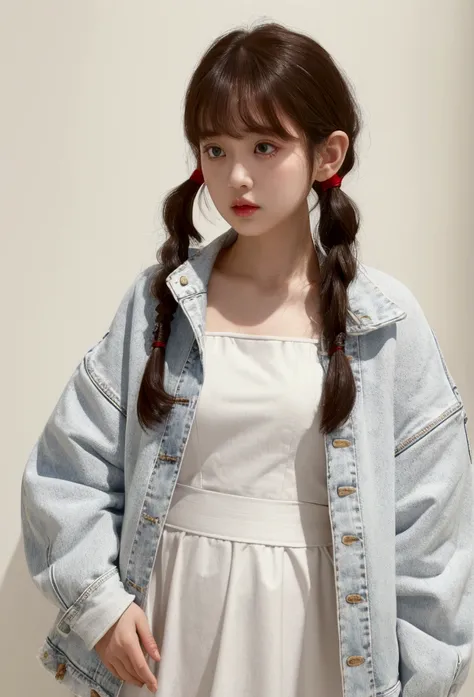 White long dress、Red denim jacket、Lift your bangs、Wide forehead、Pigtails、