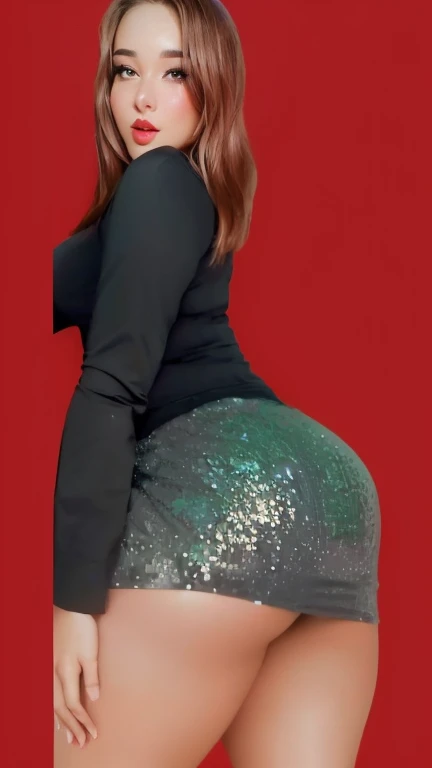 Arafed Woman wearing a black top and silver skirt posing for a photo, thick, view from behind, closeup from behind, curvy accented booty, in a shiny skirt, BBWCHAN, shot from behind, view from behind, glitter gif, foto fija de view from behind, Full body c...