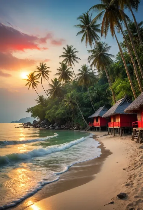 Picturesque village landscape set on the shore of a tranquil sea in Thailand. morning red sun Create a magical atmosphere Village of bamboo huts with thatched roofs Coconut trees sway gently, birds search for food, waves crash on the shore and fishing boat...