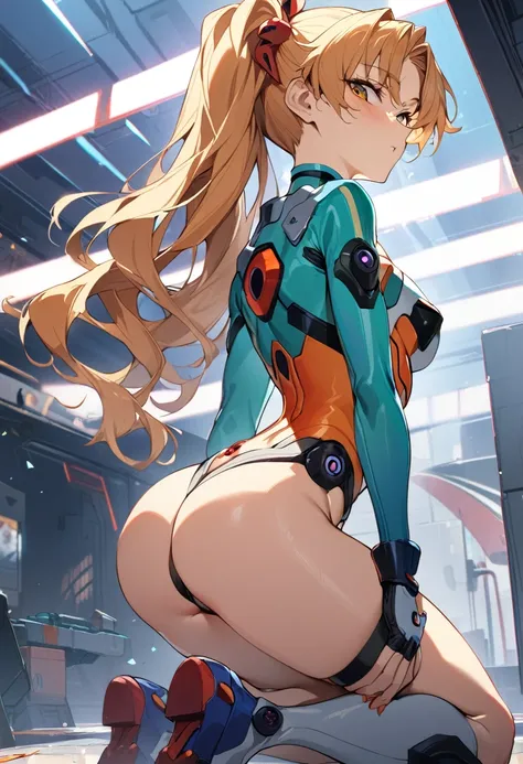 1girl, souryuu asuka langley, neon genesis evangelion,master piece,ultra high res,kneeling sway back,looking viewer