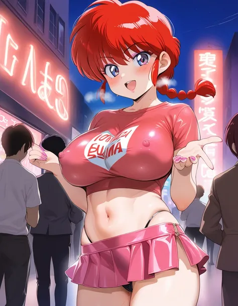 1girl, background, (ranma-chan), blush, red hair, big breasts, tomboy, one short pigtail, nighttime, hot breath, open mouth, dimmed lighting, standing, city, big ass, wide hips, toned body, wearing slutty prostitute outfit, micro skirt, midriff, prostitute...