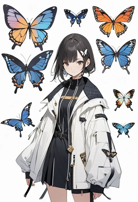 Butterflies are flying、Facing at an angle、Concept Art、1girl, stylish, stylish code, large jacket, simple white background