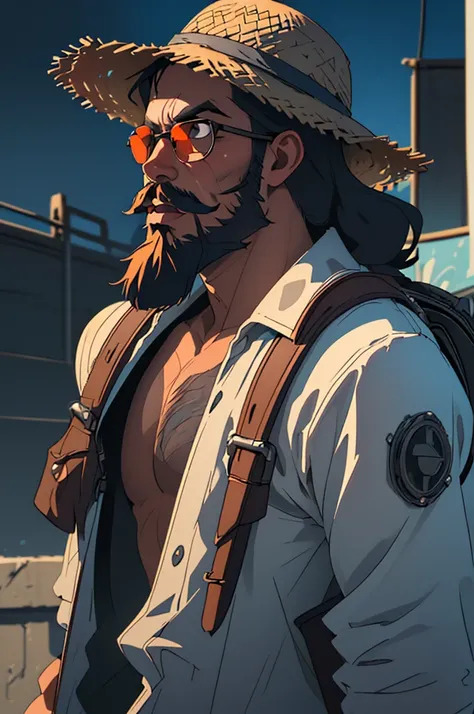 (1 boy with straw hat, aviator glasses, goatee and mustache, traveler, destroyed city, torso, dark mood, beard, backpack, parkour), (best quality, 4k, 8k, high resolution, masterpiece: 1.2) , ultra detailed, (realistic, photorealistic, photorealistic: 1.37...