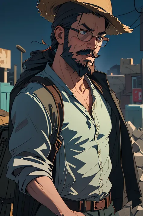 (1 boy with straw hat, aviator glasses, goatee and mustache, traveler, destroyed city, torso, dark mood, beard, backpack, parkour), (best quality, 4k, 8k, high resolution, masterpiece: 1.2) , ultra detailed, (realistic, photorealistic, photorealistic: 1.37...