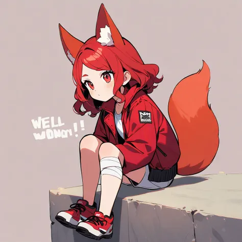 (well done:1) woman, short red, slightly wavy hair, red fox ears and tail, bulky red winter jacket with black details, white shirt, white shorts, bandage on the knee, red sneakers.