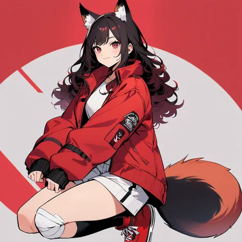 (well done:1) woman, short red, slightly wavy hair, red fox ears and tail, bulky red winter jacket with black details, white shirt, white shorts, bandage on the knee, red sneakers.