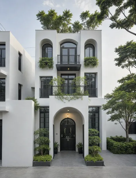 raw photo, a photo of a modern house, (curvilinear chrchitecture:1.4), wabisabi style rounded wall, white wall, steel dark gate,...