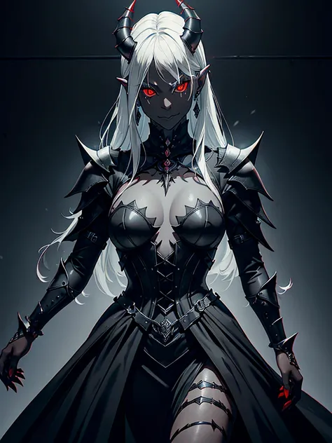 1girl, horror, (dark grey skin:1.5), true white long hair, ((perfect red eyes)), pointed ears, earrings, angry expression, highly detailed mechanical horns, (small breasts), ((black gothic prom dress)), wearing black fur cloak, bone armor, skull armor, vol...