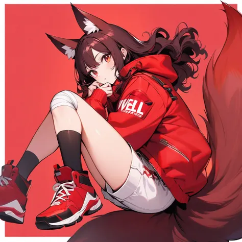 (well done:1) woman, short red, slightly wavy hair, red fox ears and tail, bulky red winter jacket with black details, white shirt, white shorts, bandage on the knee, red sneakers.