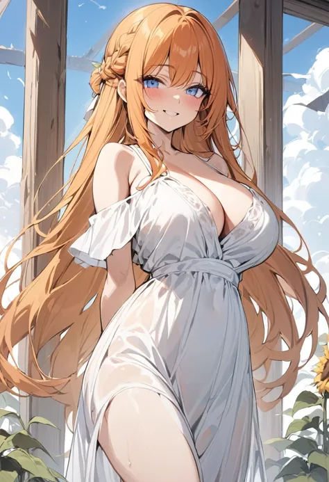 masterpiece, best quality, 1girl, solo, orange hair, very long hair, straight hair, french braid, blue eyes, large breasts, white dress, summer_dress, cleavage, off shoulder, smile, sunflowers, arms behind back, looking_at_viewer