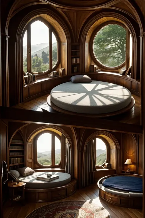 Harry Potter themed room, round bed books a window with a beautiful view, with realistic light and shadow effects 