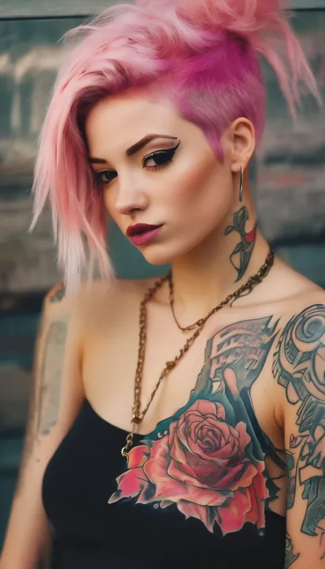 Young adult woman 22 years realistic, sexy with medium tits, modern punk style similar to harley queen, with long blonde and a little pink hair, with a broken heart tattoo on the neckline for the profile image