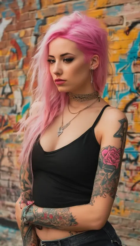 Young adult woman 22 years realistic, sexy with medium tits, modern punk style similar to harley queen, with long blonde and a little pink hair, with a broken heart tattoo on the neckline for the profile image