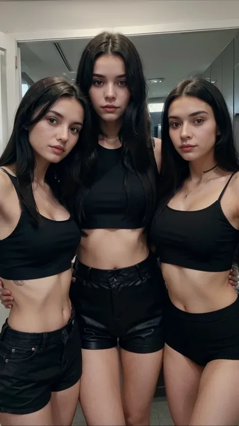 A selfie of a girl with long black hair  wearing a dark blue crop top and she is  with two ugly girls 