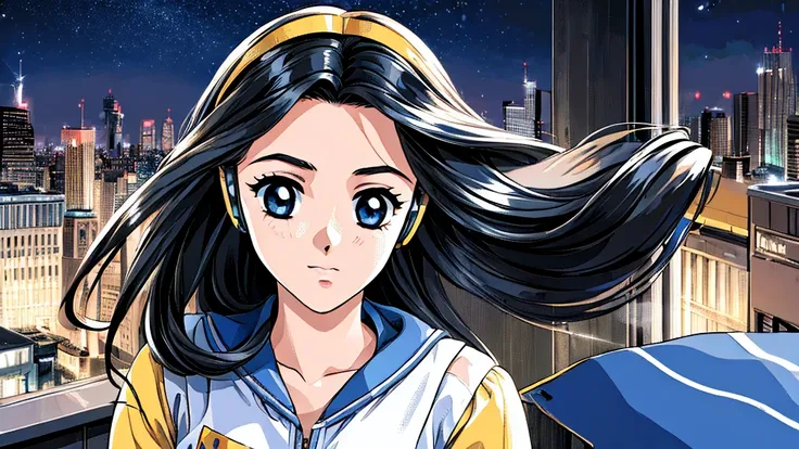 ((masterpiece)),(((Highest quality))),((Super detailed)) Realistically, 1 Girl, beautiful, Wearing headphones, One person　 night景を見てる, city, Starry Sky, building, night.　Long Black Hair　The wind is blowing