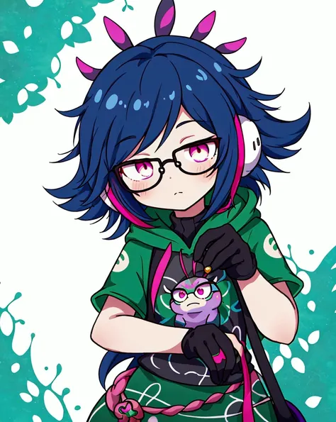 Neeko ((highest quality)), ((masterpiece)), (be familiar with), perfect face,white half-up hair,green mesh hair,Pink eyes,round glasses,cool black hoodie,headphones,black gloves,turtleneck,alone,icon