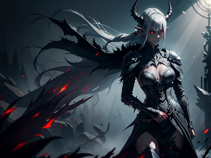 1girl, horror, dark elf princess, elden ring, (dark grey skin:1.5), true white long ponytail, ((perfect red eyes)), elf ears, earrings, angry expression, highly detailed mechanical horns, (small breasts), ((black gothic prom dress)), wearing black fur cloa...