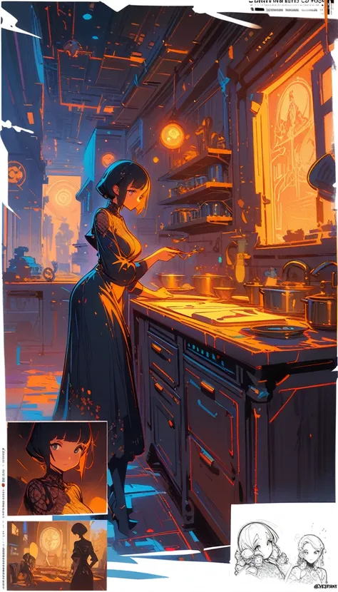 ((best quality)) , ((masterpiece)) , (detailed)，designed by ilya kuvshinov, giuseppe dangelico pino, michael garmash, rob rey and disney, digital art, (Woman:1.1) , wearing Lace Shuka, Best quality, Thunderstorm, blueprint, kitchen scenes, subdued tones, S...