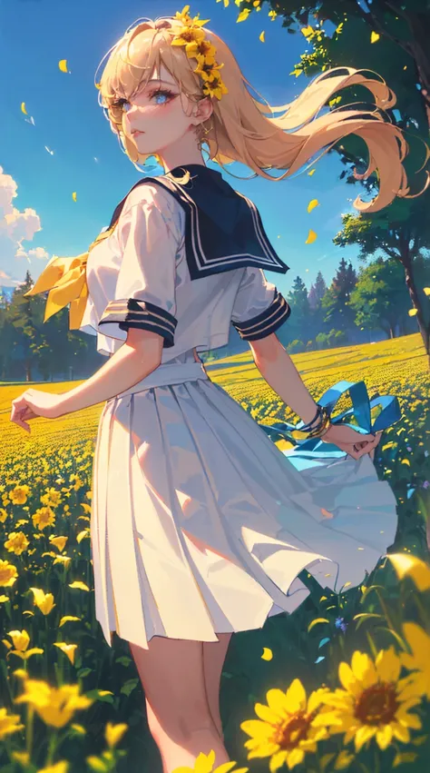 (((Highest quality, 4K, 8K high resolution, masterpiece:1.2), Very detailed, One person, woman, (ＪＫ, , Sailor suit, Pleated skirt),Rape flower field, One yellow wave, romantic, Magic Hour, A wonderful garden, Glowing petals, Contrast between the sky and th...