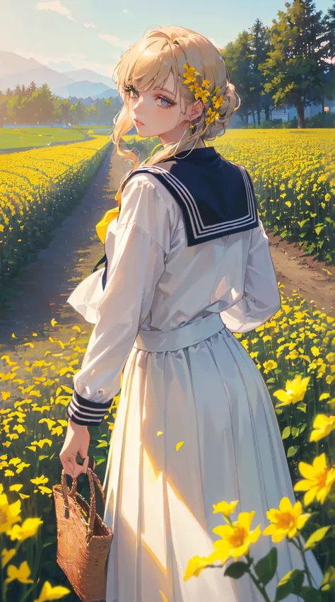 (((Highest quality, 4K, 8K high resolution, masterpiece:1.2), Very detailed, One person, woman, (ＪＫ, , Sailor suit, Pleated skirt),Rape flower field, One yellow wave, romantic, Magic Hour, A wonderful garden, Glowing petals, Contrast between the sky and th...