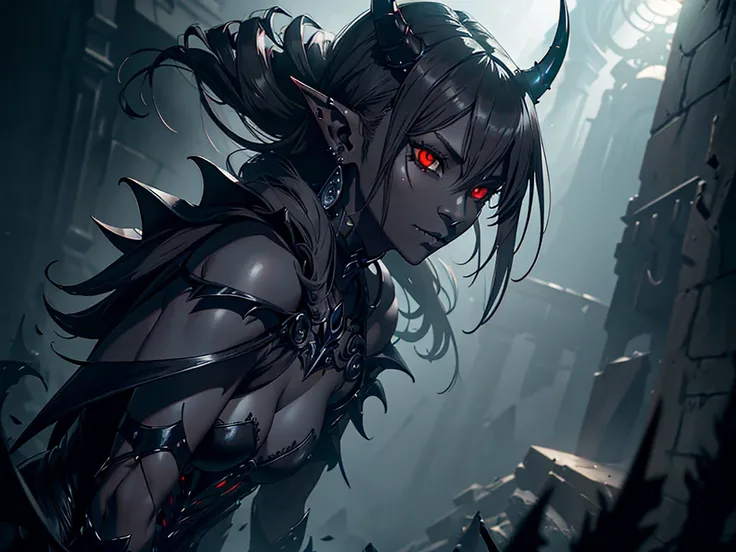 1girl, horror, dark elf princess, elden ring, (dark grey skin:1.5), true white long ponytail, ((perfect red eyes)), elf ears, earrings, angry expression, highly detailed mechanical horns, (small breasts), ((black gothic prom dress)), wearing black fur cloa...