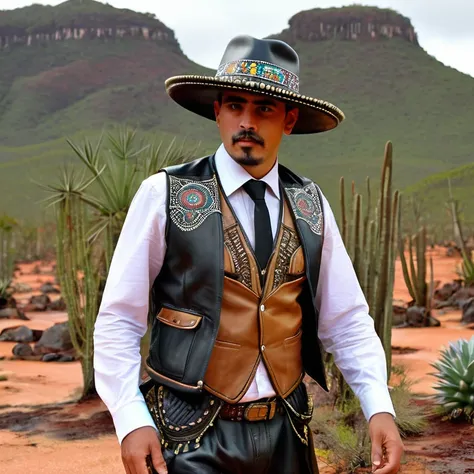 dressed as a cangaceiro from northeastern Brazil. He is wearing the traditional wide-brimmed leather hat with ornaments, as well as a leather vest with intricate details and typical trousers. The setting is a barren and arid landscape with sparse vegetatio...