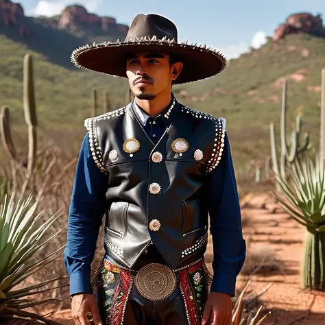 dressed as a cangaceiro from northeastern Brazil. He is wearing the traditional wide-brimmed leather hat with ornaments, as well as a leather vest with intricate details and typical trousers. The setting is a barren and arid landscape with sparse vegetatio...