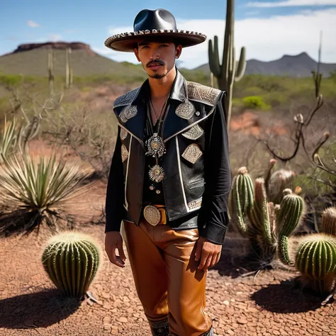 dressed as a cangaceiro from northeastern Brazil. He is wearing the traditional wide-brimmed leather hat with ornaments, as well as a leather vest with intricate details and typical trousers. The setting is a barren and arid landscape with sparse vegetatio...