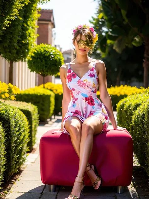 super realistic photography, arafed woman sitting on a red chair in a floral dress, dressed in a floral dress, floral dress, floral dress, floral clothes, lady in a dress with glowing flowers, open dress, Short dress, floral!, sitting with flowers, floral ...