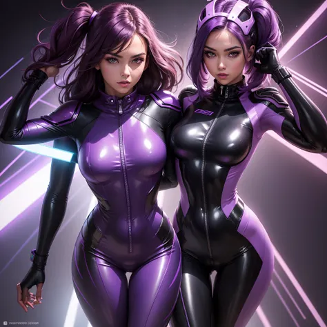 A young woman wearing a sleek, shiny purple plastic jumpsuit. The jumpsuit is form-fitting, emphasizing a futuristic and high-fashion look. She is also wearing a matching purple motorcycle helmet with a closed face shield, which adds a sense of mystery and...