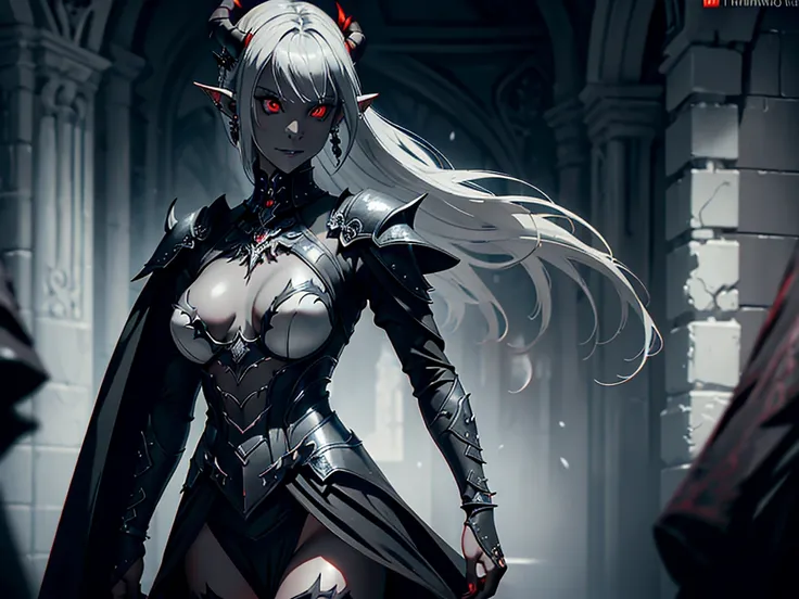 1girl, horror, dark elf princess, elden ring, (dark grey skin:1.5), true white long ponytail, ((perfect red eyes)), elf ears, earrings, highly detailed mechanical horns, (small breasts), ((black gothic prom dress)), wearing black fur cloak, bone armor, sku...