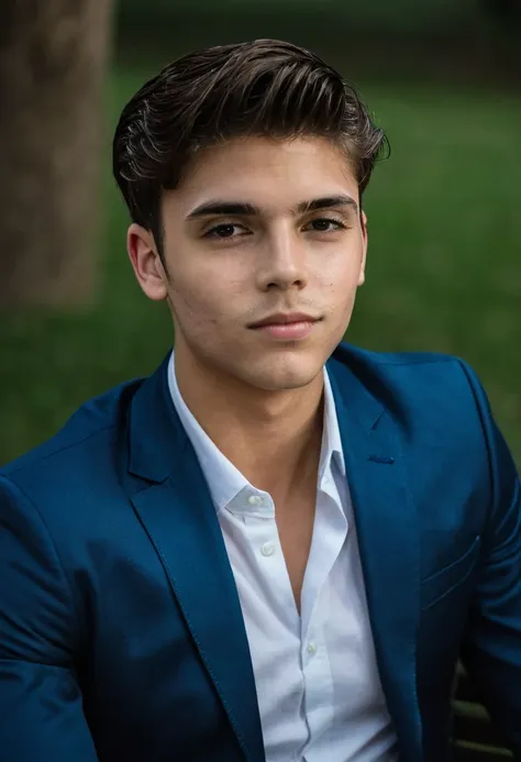 gu,a professional photo of a handsome young man in a party sitting on a bench looking to the side