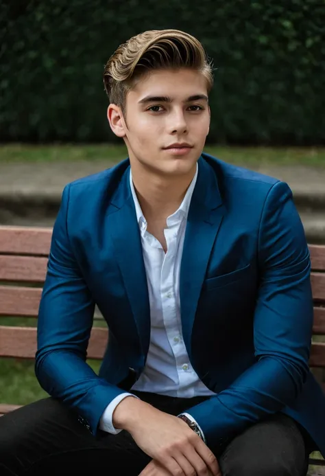 gu,a professional photo of a handsome young man in a party sitting on a bench looking to the side