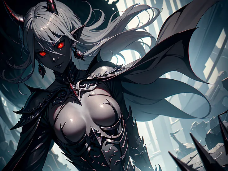 1girl, horror, dark elf princess, elden ring, (dark grey skin:1.5), true white long ponytail, ((perfect red eyes)), elf ears, earrings, highly detailed mechanical horns, (small breasts), ((black gothic prom dress)), wearing black fur cloak, bone armor, sku...