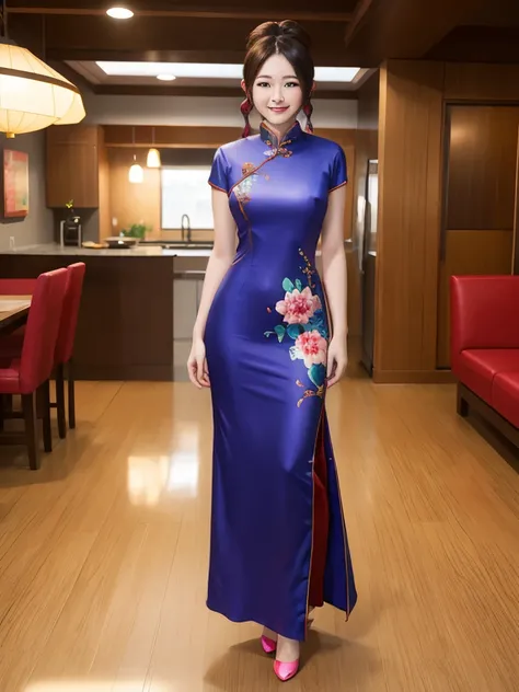 ((Full body photo, standing, feet on the floor)) Realistic photo of cute woman, uneven twin tails, light makeup, medium chest size, smile a little, wear a cheongsam, full body shot, Clear facial features with sharp, realistic details, Sony FE, 35mm, cinema...