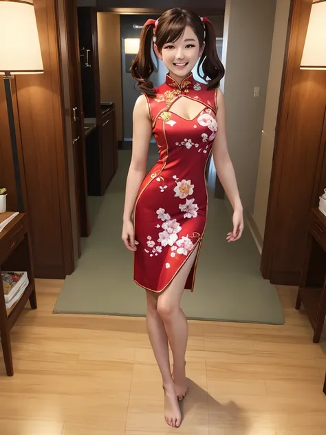 ((Full body photo, standing, feet on the floor)) Realistic photo of cute woman, uneven twin tails, light makeup, medium chest size, smile a little, wear a cheongsam, full body shot, Clear facial features with sharp, realistic details, Sony FE, 35mm, cinema...