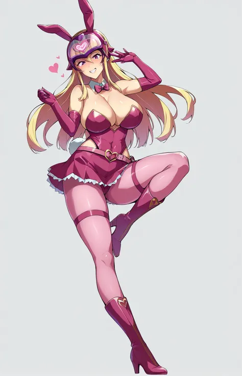 Ultra-detailed illustrations、Ultra-precise expression、masterpiece、Highest quality、ultra High resolution、High resolution、Hiromitsu Takeda Style、White background、Simple Background、Full Body Tights、Hide the whole face、Pink full face helmet、Bunny ears、Pink Rid...