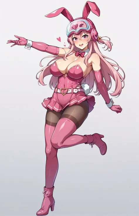 Ultra-detailed illustrations、Ultra-precise expression、masterpiece、Highest quality、ultra High resolution、High resolution、Hiromitsu Takeda Style、White background、Simple Background、Full Body Tights、Hide the whole face、Pink full face helmet、Bunny ears、Pink Rid...