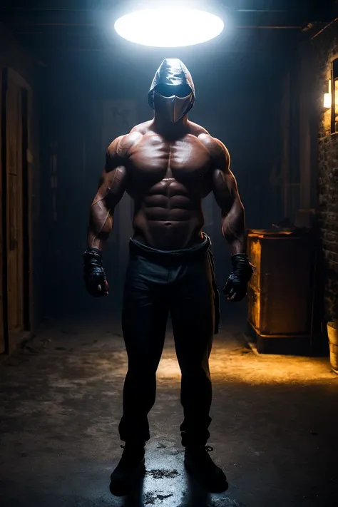 a muscular shirtless masked man standing in a dark room at night, holding a knife, hyperrealistic, highly detailed, dramatic lighting, cinematic composition, moody atmosphere, 8k, unreal engine, award winning photography