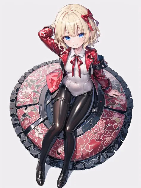 (((high quality))),(((masterpiece))),(((highly detailed))),((illustration style)),(((one girl))),(((medicine melancholy))), (touhou),(((blue eyes))), (((wavy hair, short hair, blonde hair,red ribbon))),(((black leather jacket))),(((Flower pattern red full ...