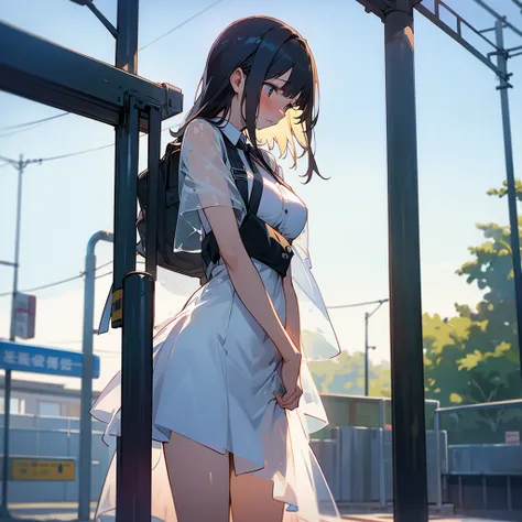 A girl waiting for the bus stop in a transparent dress with big tits and blushing 