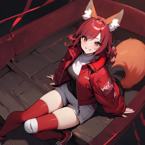 (well done:1) woman, short red, slightly wavy hair, red fox ears and tail, bulky red winter jacket with black details, white shirt, white shorts, bandage on the knee, red sneakers.