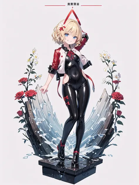 (((high quality))),(((masterpiece))),(((highly detailed))),((illustration style)),(((one girl))),(((medicine melancholy))), (touhou),(((blue eyes))), (((wavy hair, short hair, blonde hair,red ribbon))),(((black leather jacket))),(((Flower pattern red full ...