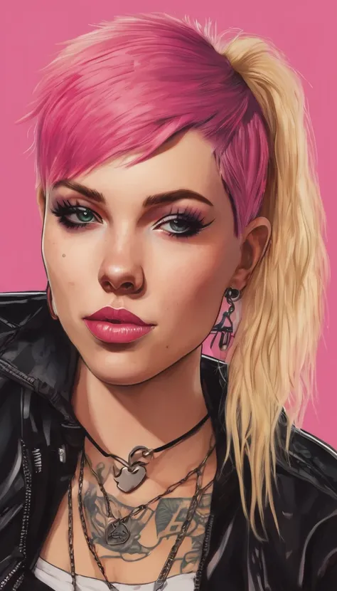 young adult woman 22 years realistic, sexy with medium tits, modern punk style similar to harley queen, with long blonde and a l...