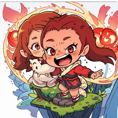 {
  "prompt": "A cute chibi-style character from Genshin Impact, Hu Tao, with long brown hair, wearing a black traditional outfit with red accents, and a black hat with a talisman. She has red eyes with flower patterns in them and is holding a lantern. The...